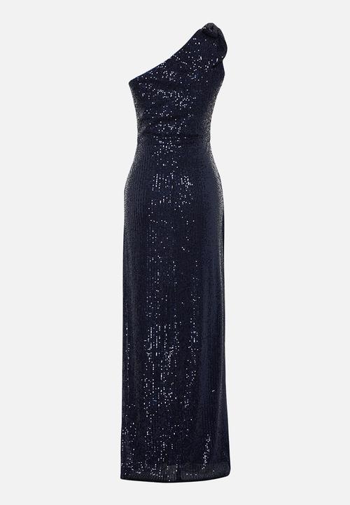 Trendyol - Single Sleeve Knitted Sequin Long Elegant Evening Dress - Navy blue