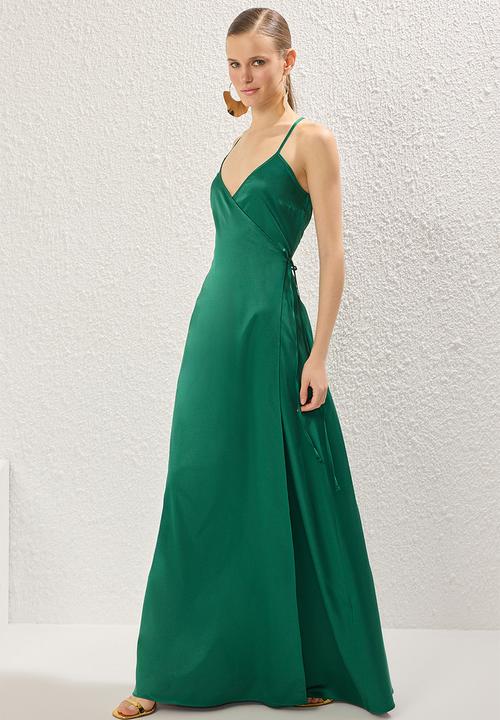 Trendyol - A-Line Satin Wrap Dress - Emerald