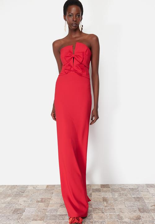 Trendyol - Bow Detailed Woven Long Elegant Evening Dress - Red