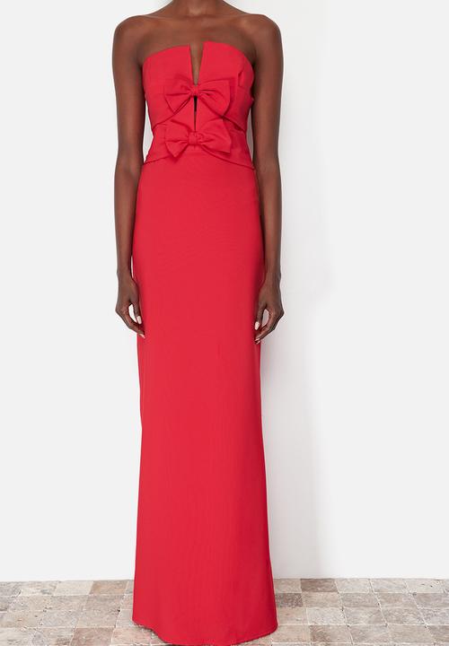 Trendyol - Bow Detailed Woven Long Elegant Evening Dress - Red