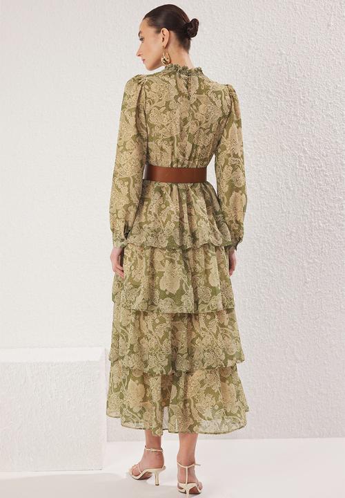 Trendyol - Stand Collar Patterned Belted Lined Chiffon Woven Dress - Green