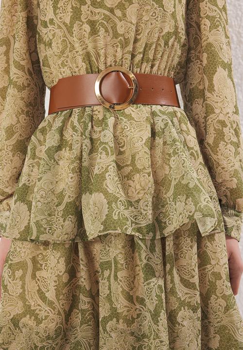 Trendyol - Stand Collar Patterned Belted Lined Chiffon Woven Dress - Green