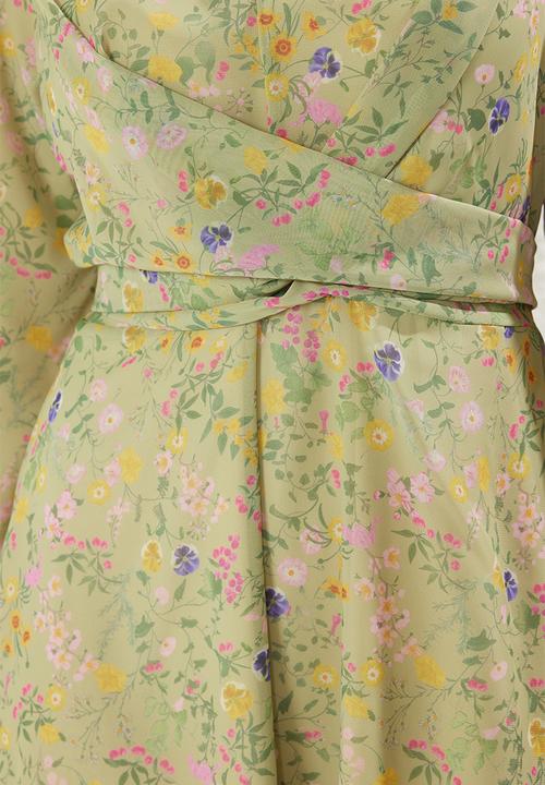 Trendyol - Double Breasted Tied Chiffon Lined Woven Floral Dress - Green