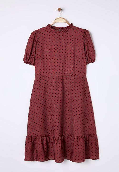 Trendyol - Stand collar polka dot patterned balloon sleeve long woven dress - brick color