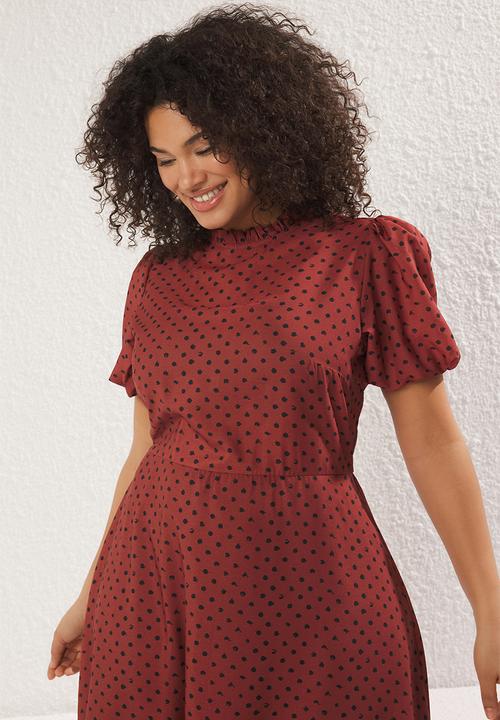 Trendyol - Stand collar polka dot patterned balloon sleeve long woven dress - brick color