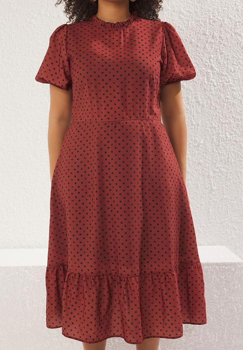 Trendyol - Stand collar polka dot patterned balloon sleeve long woven dress - brick color