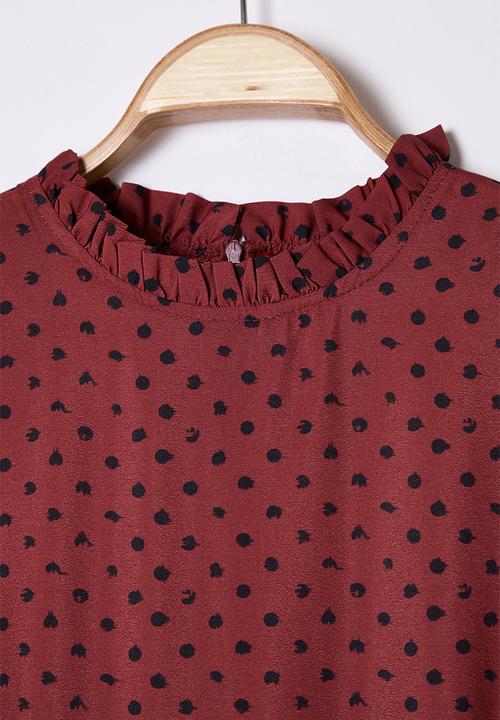 Trendyol - Stand collar polka dot patterned balloon sleeve long woven dress - brick color