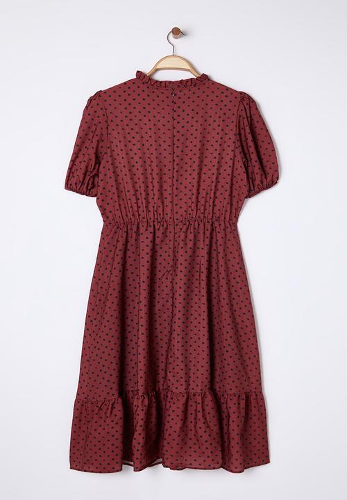 Trendyol - Stand collar polka dot patterned balloon sleeve long woven dress - brick color