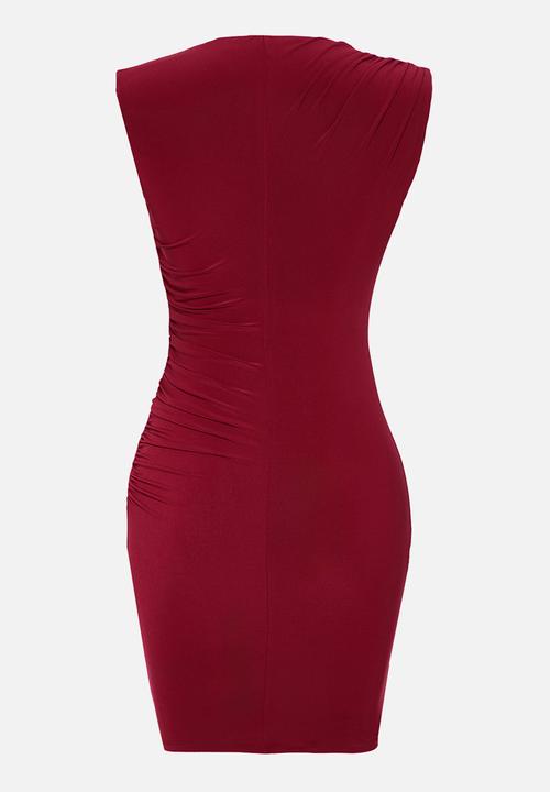 Trendyol - Body-styling pleated knitted short elegant dress - burgundy