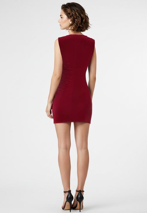 Trendyol - Body-styling pleated knitted short elegant dress - burgundy