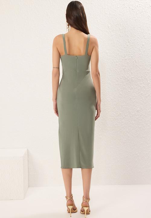 Trendyol - Drape woven midi evening dress - khaki