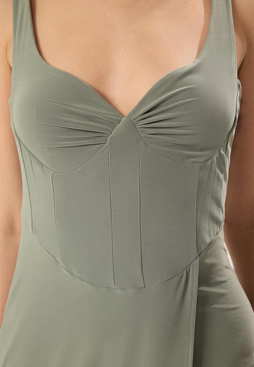 Trendyol - Drape woven midi evening dress - khaki