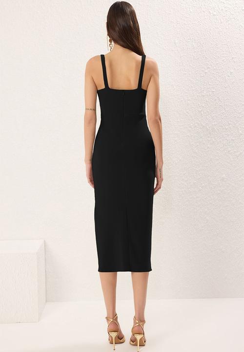 Trendyol - Drape woven midi unlined evening dress - black