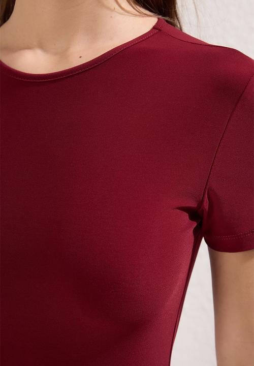 Trendyol - Crew neck stretchy knitted maxi pencil dress - burgundy