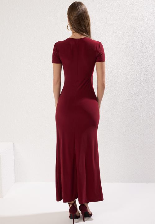 Trendyol - Crew neck stretchy knitted maxi pencil dress - burgundy