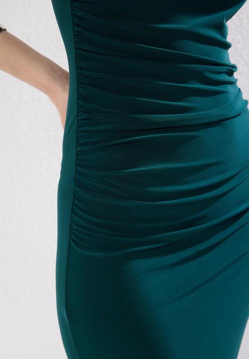 Trendyol - Plain one shoulder draped body stretch knit dress - emerald
