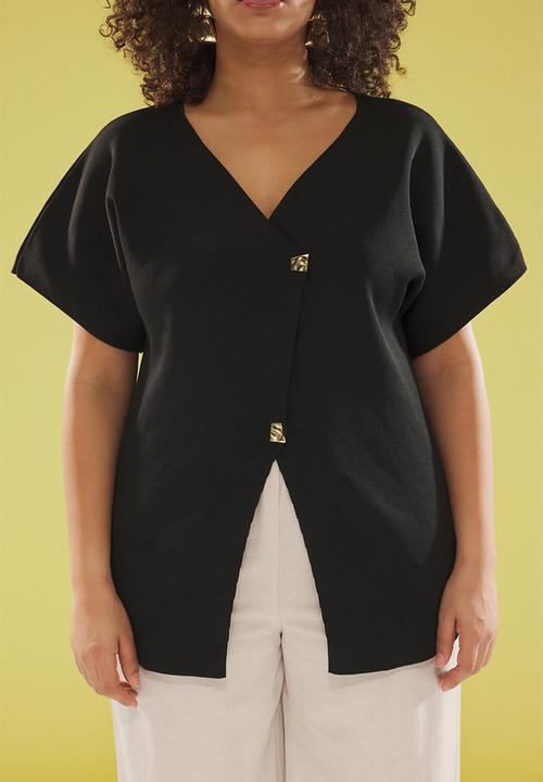 Trendyol - Buttoned asymmetric closure knit blouse - black