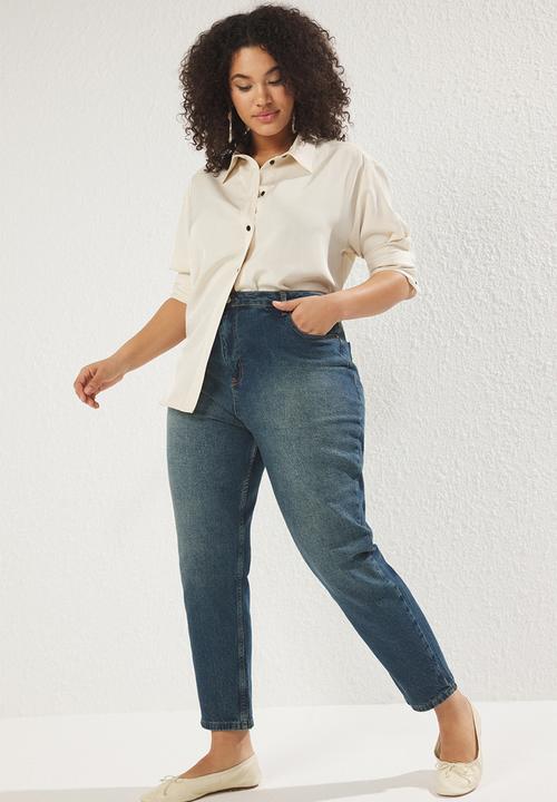 Trendyol - High waist comfort vintage washed mom fit plus size jeans - dark blue
