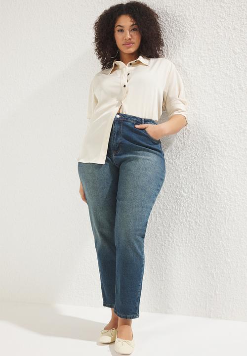 Trendyol - High waist comfort vintage washed mom fit plus size jeans - dark blue