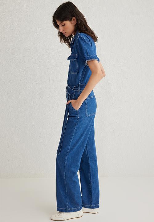Trendyol - Pocket Detail Belted Denim Overalls - blue 