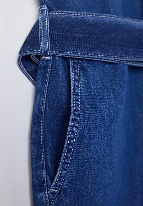 Trendyol - Pocket Detail Belted Denim Overalls - blue 