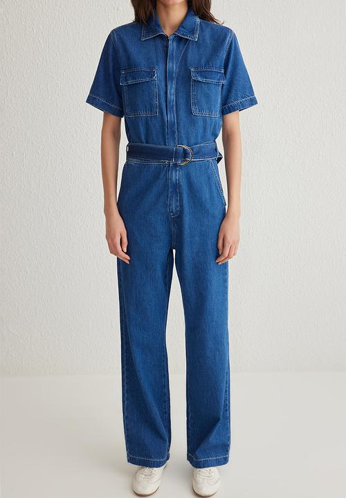 Trendyol - Pocket Detail Belted Denim Overalls - blue 