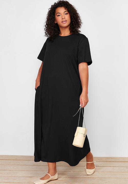 Trendyol - Midi 100% cotton knitted t-shirt dress - black