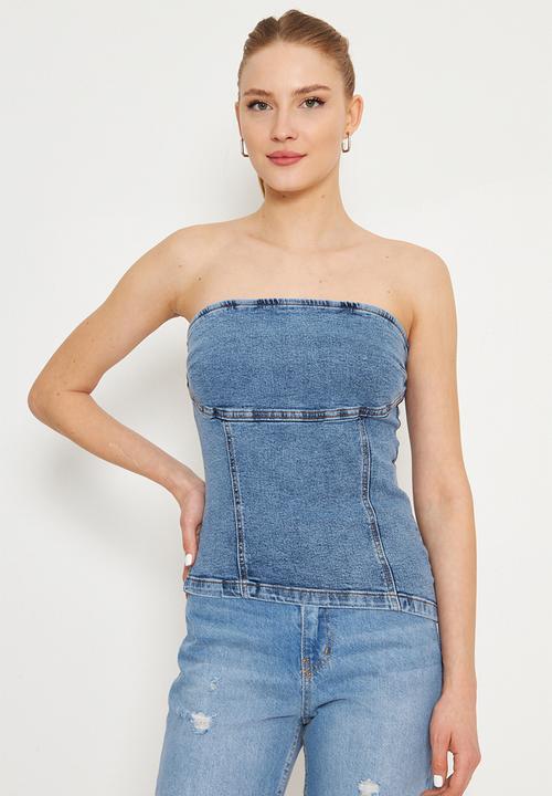 Trendyol - Strapless neckline asymmetrical denim blouse - blue