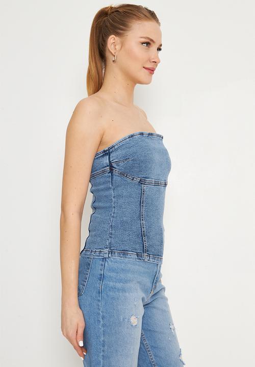 Trendyol - Strapless neckline asymmetrical denim blouse - blue