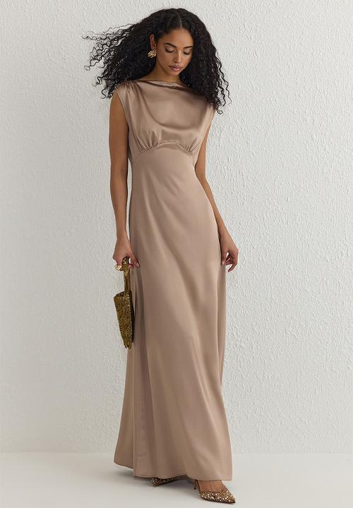 Lined Satin Woven Long Elegant Dress - Mink