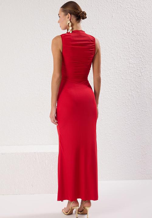 Trendyol - Bodycon Lined Tulle Knitted Evening Dress - Red