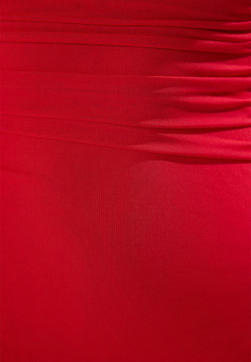 Trendyol - Bodycon Lined Tulle Knitted Evening Dress - Red