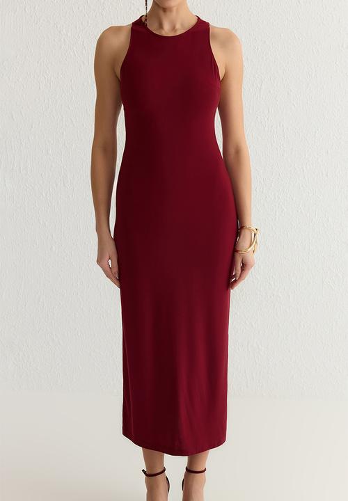 Trendyol - Bodycon back accessory detailed knitted evening dress - burgundy