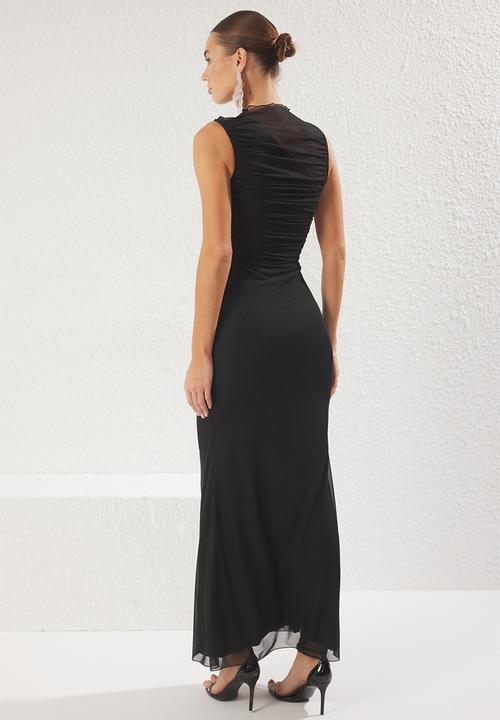 Trendyol - Bodycon Lined Tulle Knitted Evening Dress - Black