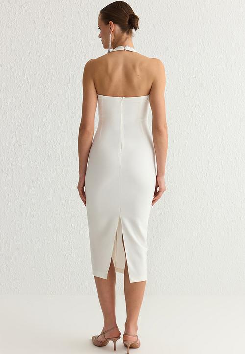 Trendyol - Bodycon stone accessory detailed evening dress - white