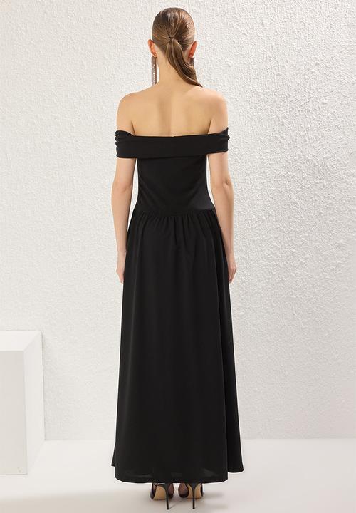 Trendyol - Carmen neck knitted midi evening dress - black