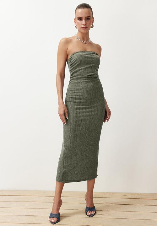 Strapless Gathered Bodycon Midi Stretch Knitted Pencil Dress - Khaki