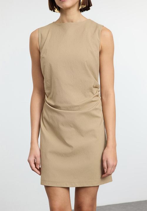 Trendyol - Plain bodycon mini drape detailed woven dress - camel