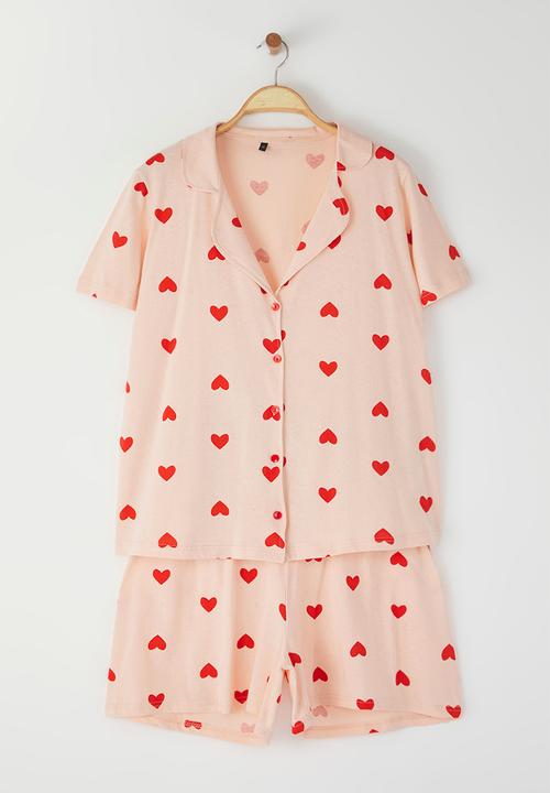 Trendyol - Light Pink Heart Patterned Shirt Collar Knitted Pajama Set