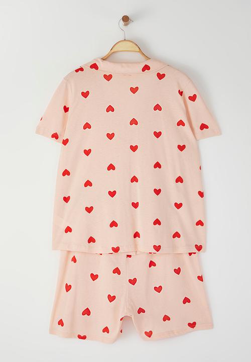 Trendyol - Light Pink Heart Patterned Shirt Collar Knitted Pajama Set