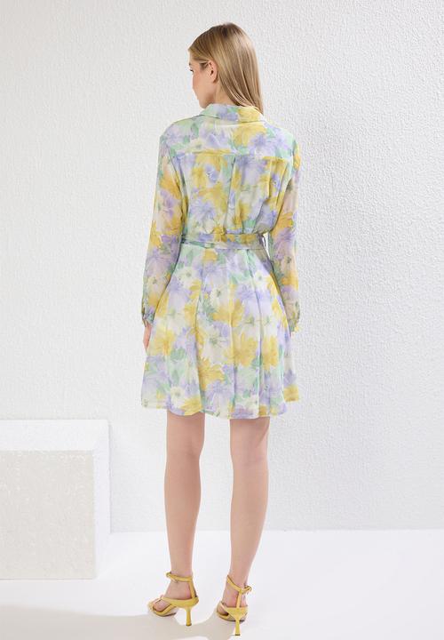 Trendyol - Belted flare floral chiffon flight flight woven mini dress - mint