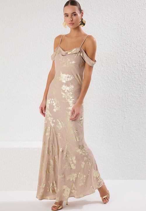 Trendyol - Abstract Pattern Lined Chiffon Woven Maxi Evening Dress - Gold