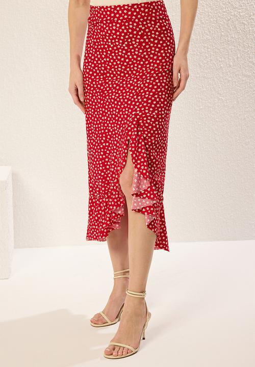 Trendyol - Polka Dot Ruffle Slit Midi Knit Skirt - Red