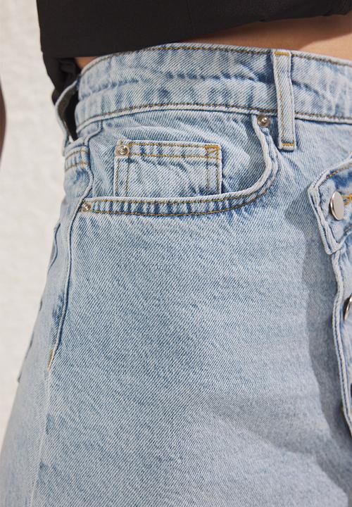 Trendyol - Asymmetrical Mini Denim Skirt - Light blue