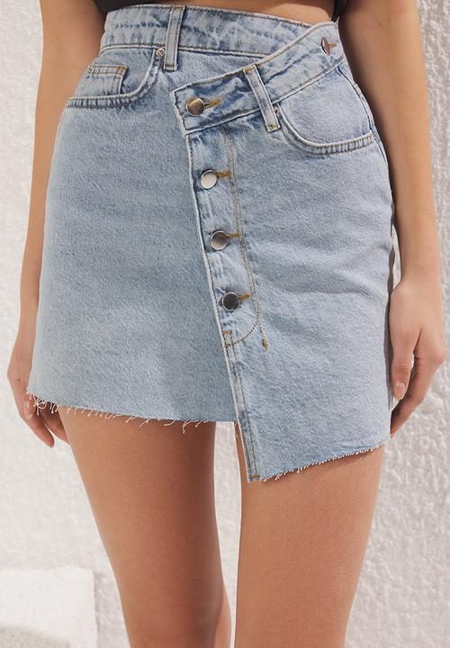 Trendyol - Asymmetrical Mini Denim Skirt - Light blue