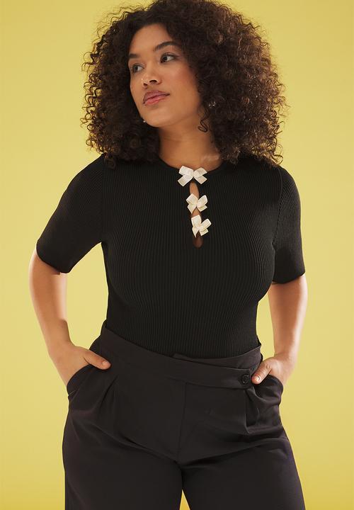 Trendyol - Bow/ribbon detailed ribbed knit blouse - black