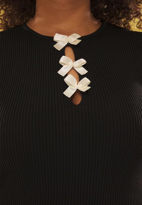 Trendyol - Bow/ribbon detailed ribbed knit blouse - black