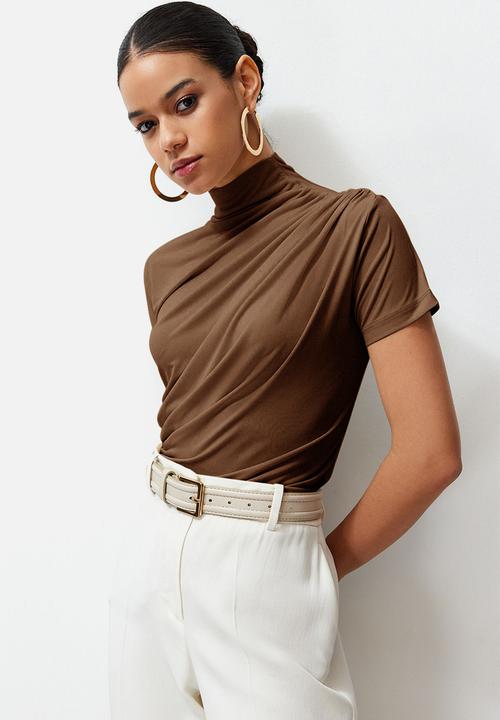 Trendyol - Drape detail high collar flexible knitted top - brown