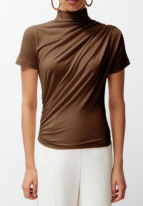 Trendyol - Drape detail high collar flexible knitted top - brown
