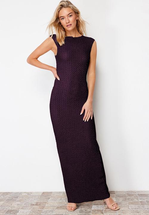 Trendyol - Textured fabric fitted moon sleeve midi pencil dress - plum